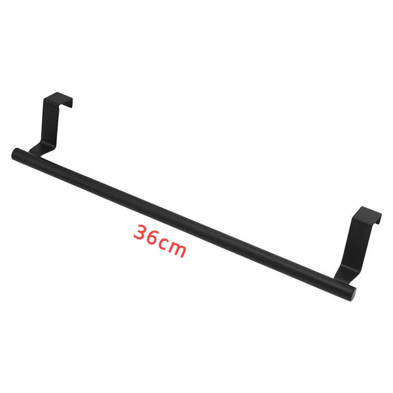 Stainless steel over-cabinet towel bar by FanzyMarket, no-drill over-door rack for kitchen and bathroom, available in 9.4" and 14.2" sizes.