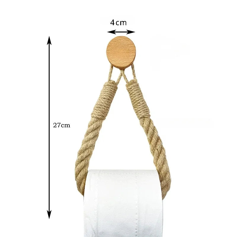 FanzyMarket nail-free wall-mounted rope paper towel and toilet roll holder with hooks, in a home and garden storage setting.