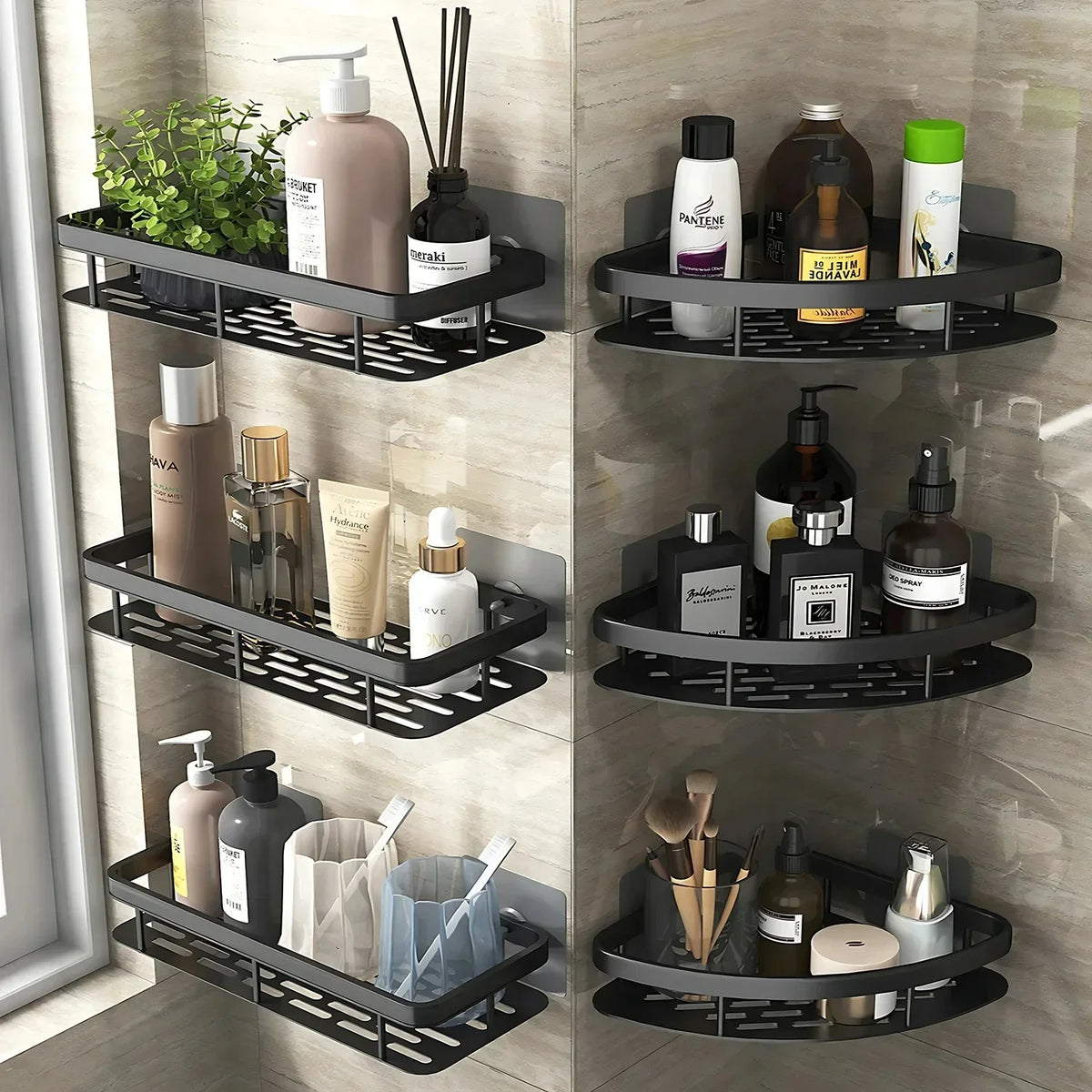 FanzyMarket no-drill aluminum alloy bathroom shower shelf and kitchen organizer mounted on wall, black and gold finish, holds shampoo and toiletries.