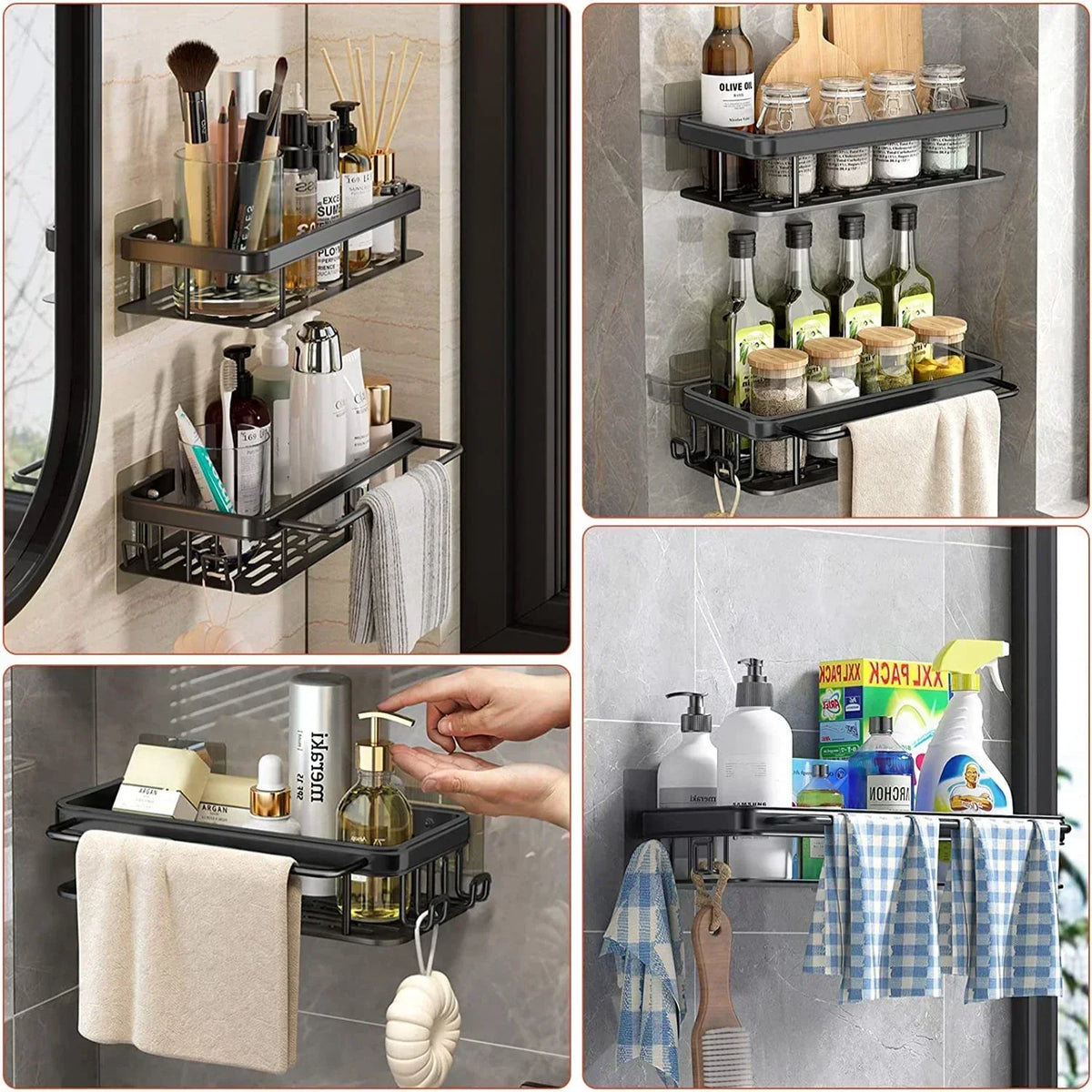 FanzyMarket no-drill aluminum alloy bathroom shower shelf and kitchen organizer, wall-mounted shampoo rack with black and gold finish