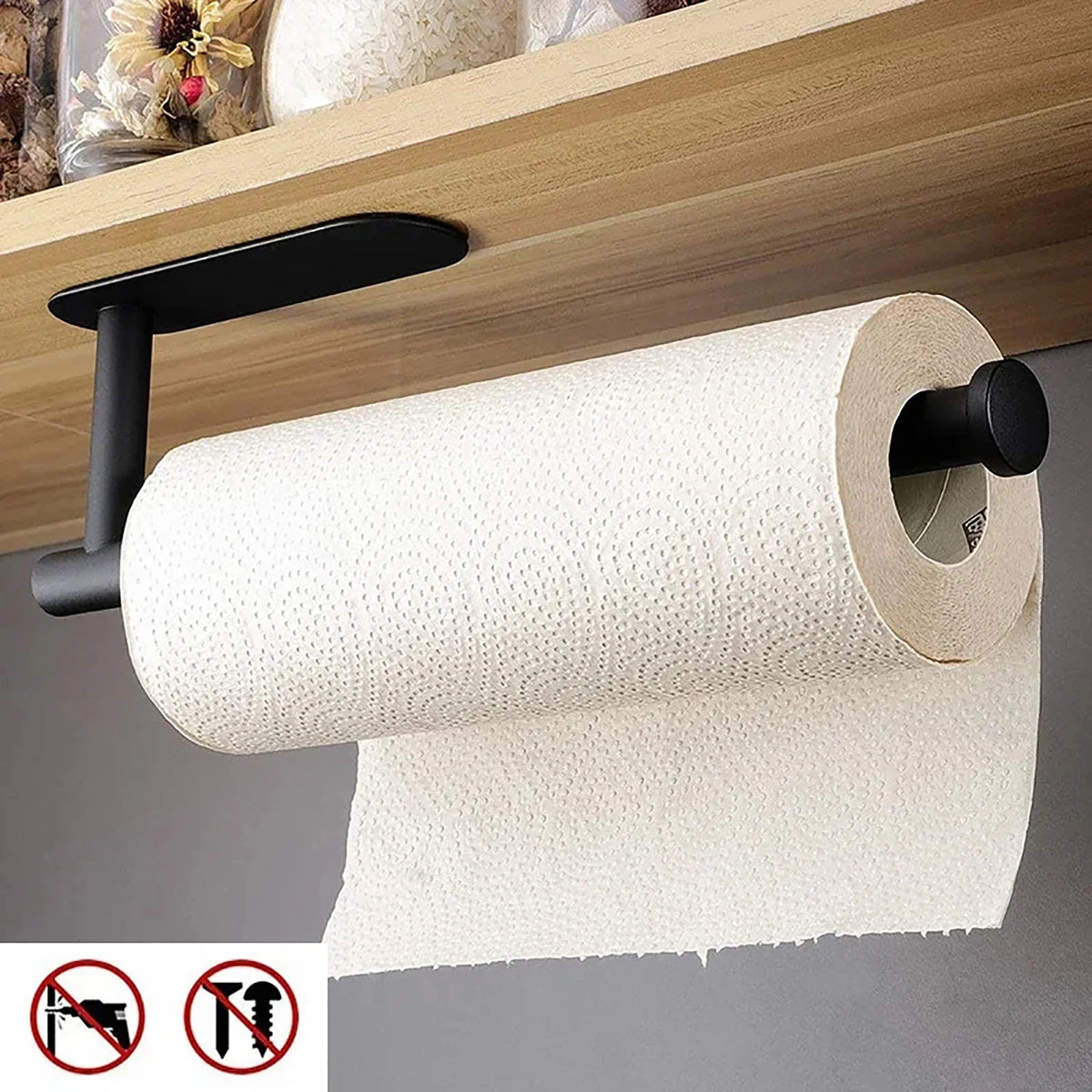 White adhesive wall-mounted paper towel and toilet roll holder by FanzyMarket for kitchen and bathroom cabinet storage.