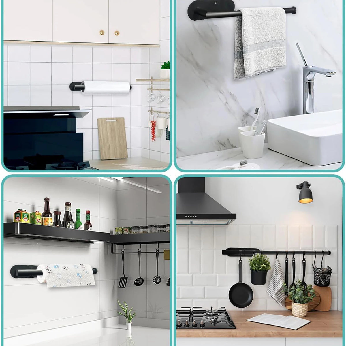 White adhesive wall-mount paper towel and toilet roll holder for kitchen and bathroom cabinet storage by FanzyMarket.