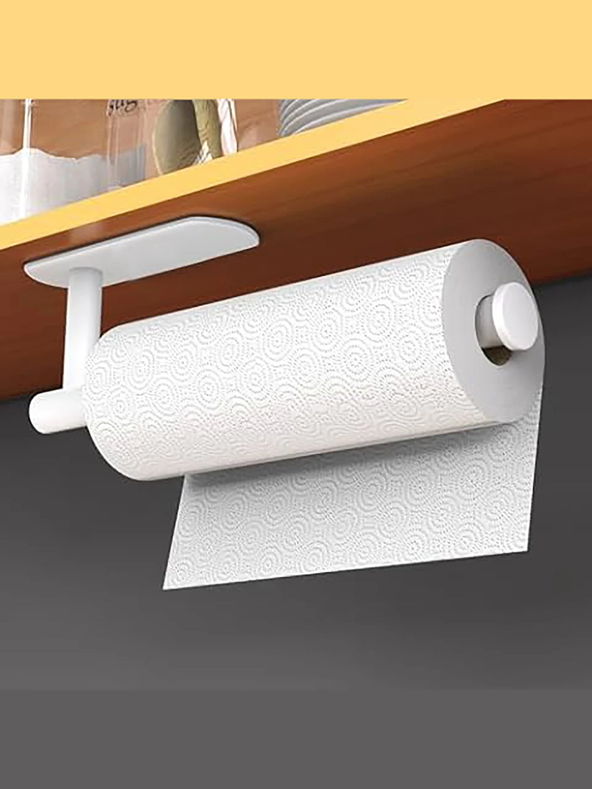 White adhesive wall-mounted paper towel and toilet roll holder by FanzyMarket, ideal for kitchen and bathroom cabinet storage.
