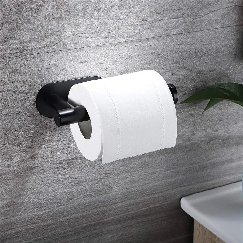 White wall-mount adhesive paper towel and toilet roll holder by FanzyMarket for kitchen or bathroom cabinet storage.