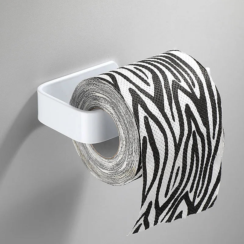 White FanzyMarket wall-mount adhesive paper towel and toilet roll holder for kitchen and bathroom storage.
