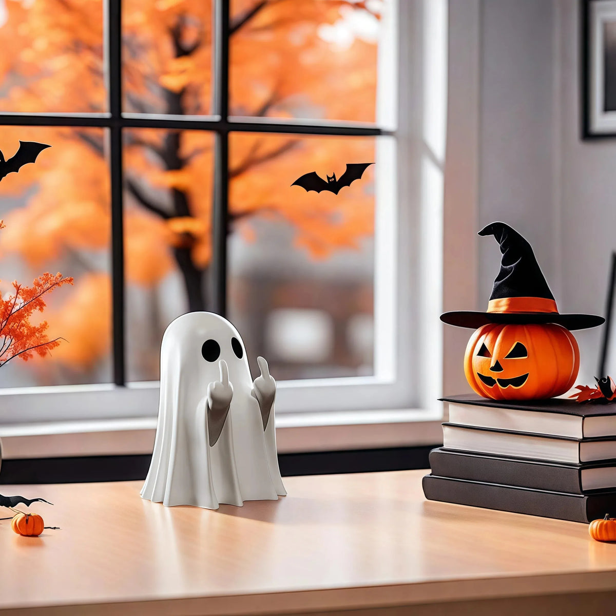 Small white Ghost statue with middle finger gesture, humorous Halloween decor for coffee tables and shelves by FanzyMarket.
