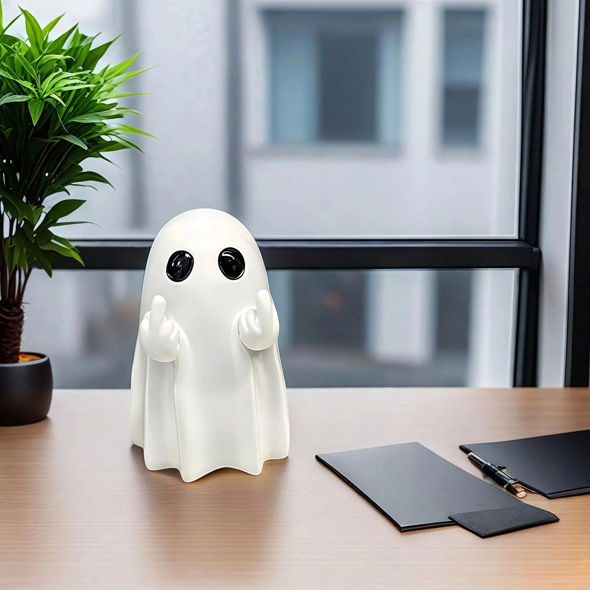 Small white ghost figurine with middle finger gesture, perfect for Halloween decor on coffee tables and shelves.