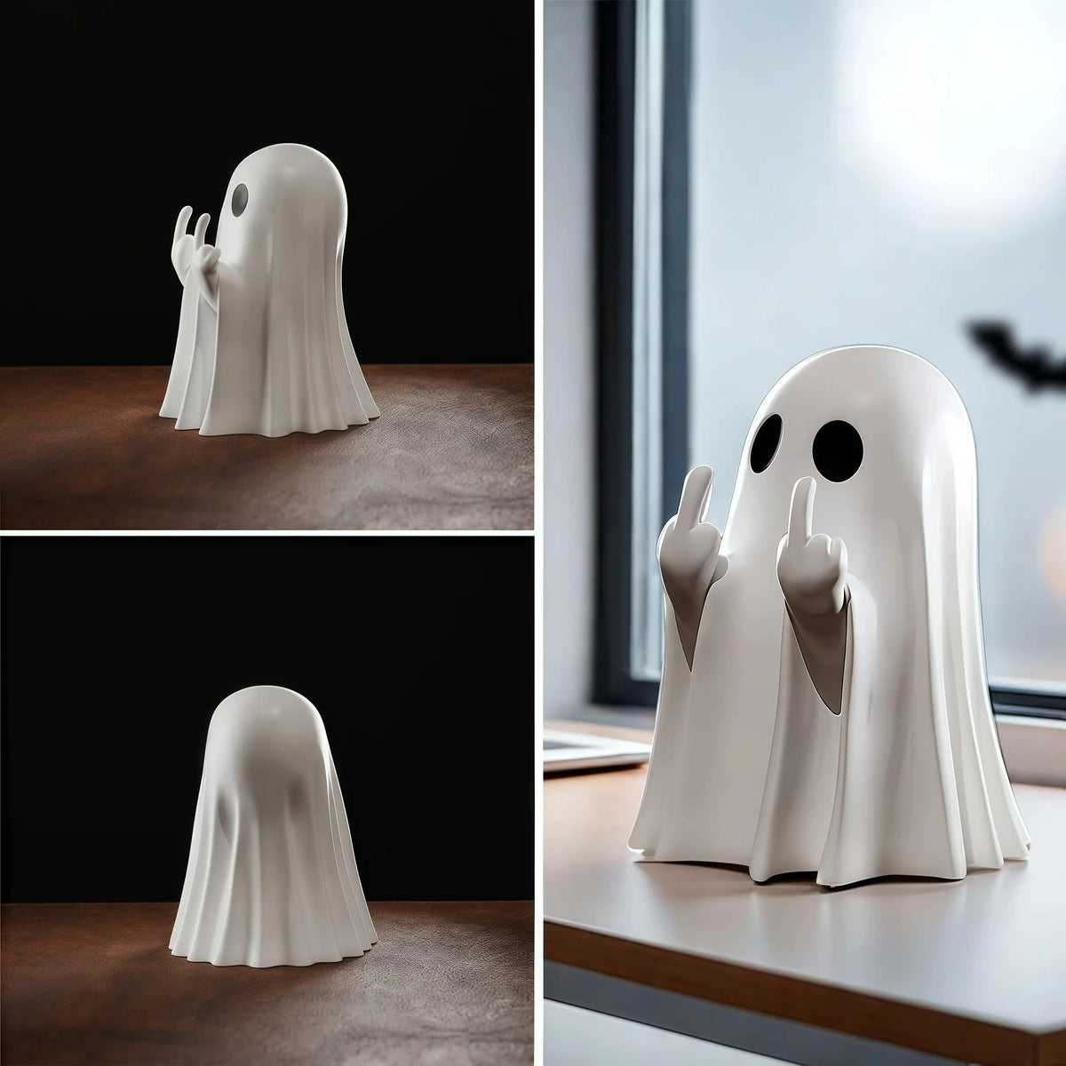 Small white Funny Middle Finger Ghost Statue by FanzyMarket, a humorous Halloween ghost figurine for home decor on coffee tables or shelves.
