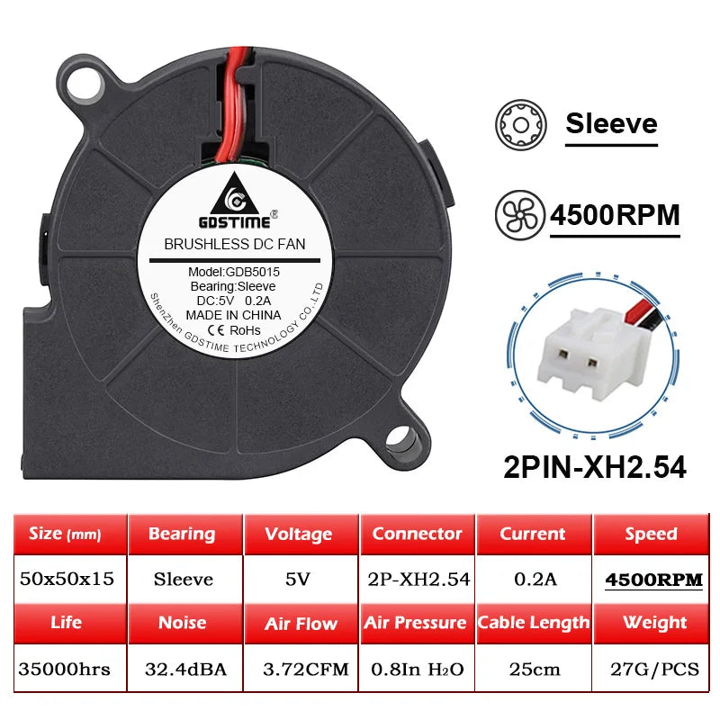 FanzyMarket 50mm brushless cooling fan with dual-ball bearings, USB/2-pin, suitable for 3D printers and electronic cooling.