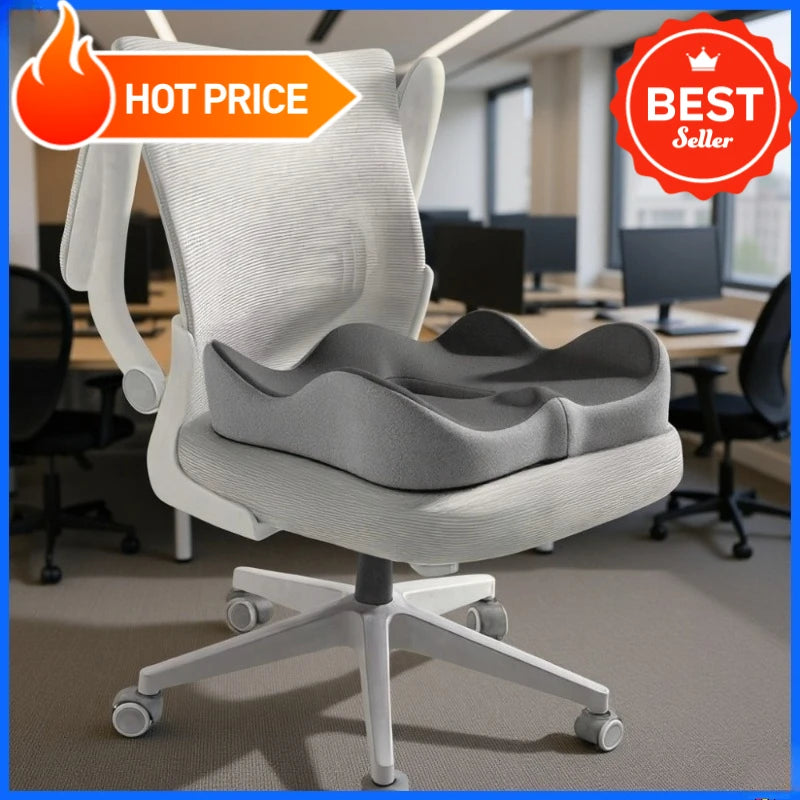 FanzyMarket ergonomic memory foam coccyx tailbone cushion for office chair and car with curved lumbar support, black color.