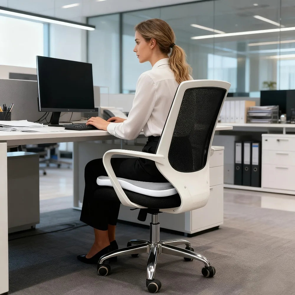 FanzyMarket ergonomic memory foam coccyx tailbone cushion for office chair and car, curved lumbar seat pad in black.