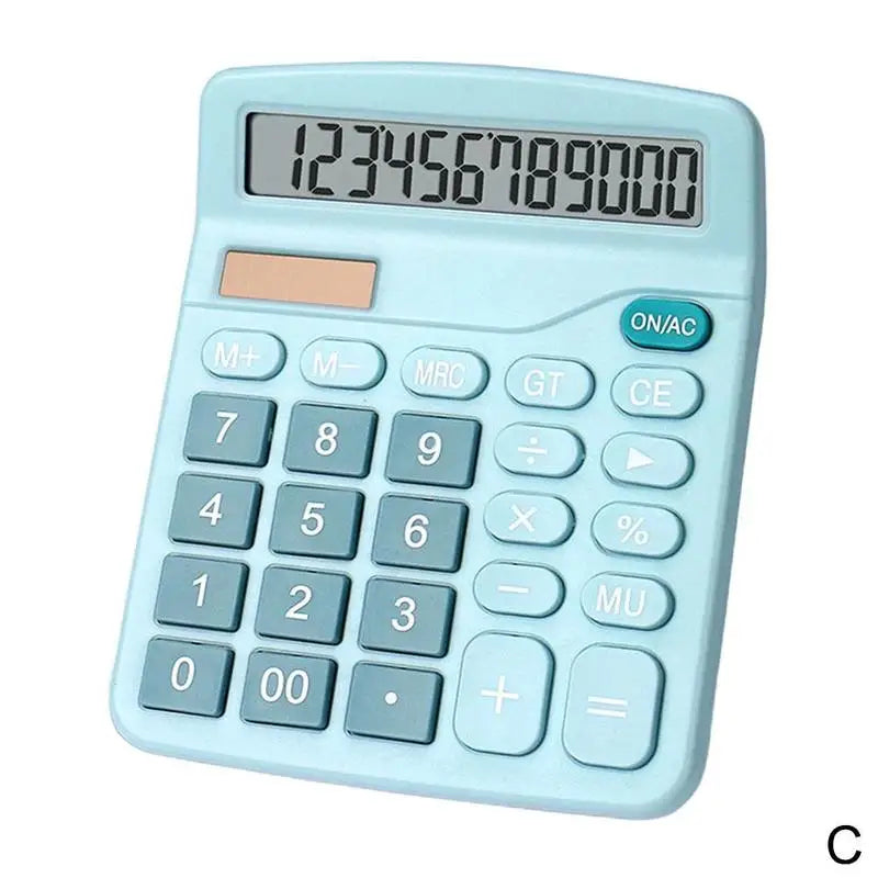 FanzyMarket 12-digit LCD desktop calculator with solar power, AA backup, standard and financial functions, black design.