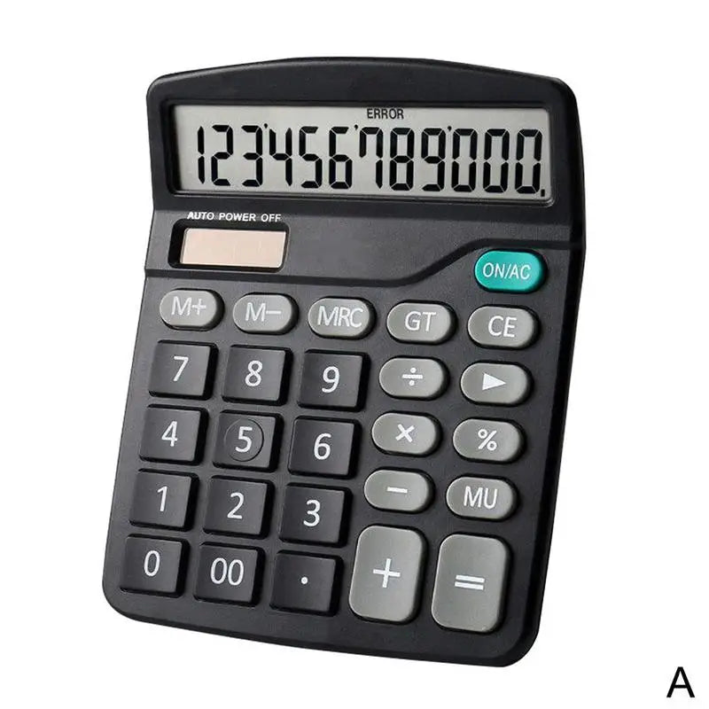 FanzyMarket 12-digit large LCD desktop calculator with dual solar and AA backup power, standard and financial functions, black design.