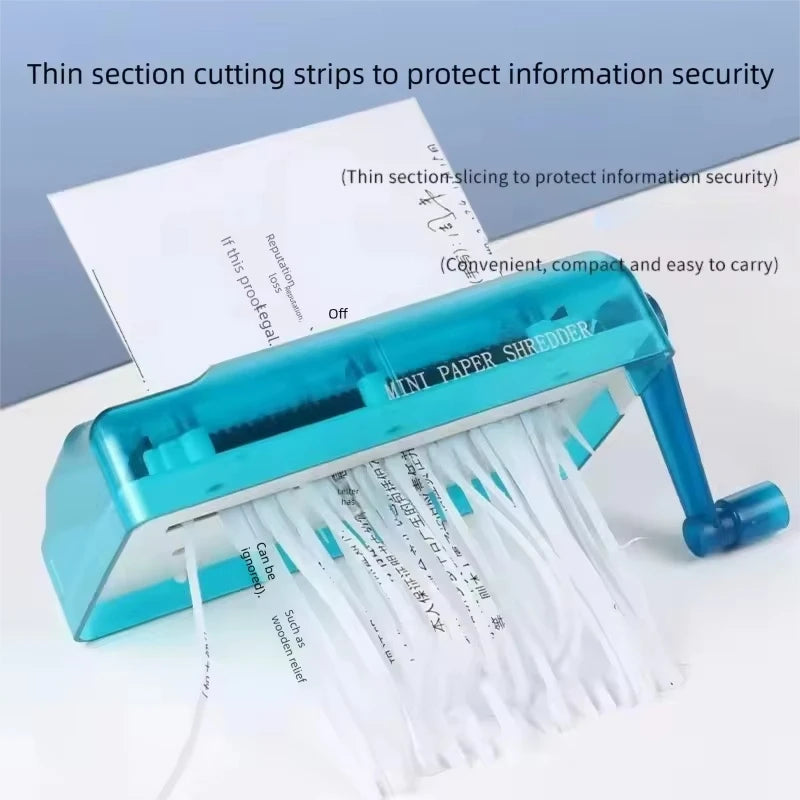 Blue FanzyMarket A6 Mini Manual Paper Shredder with hand crank, strip-cut desktop shredder for office document security.