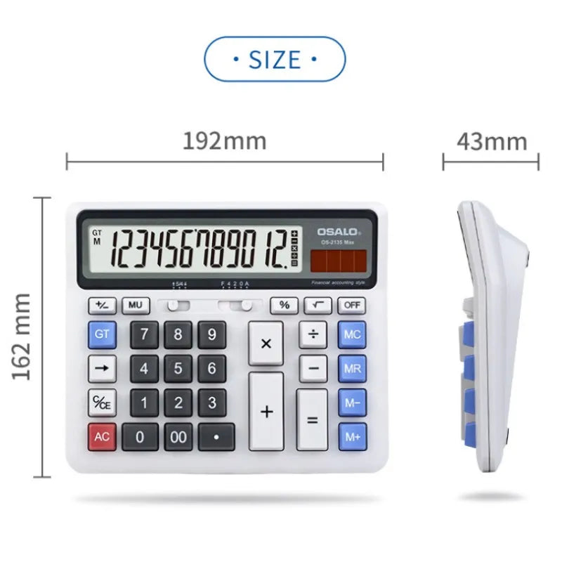 FanzyMarket solar 12-digit desktop calculator with dual power, GT, percent, backspace, suitable for office, financial, and student use.