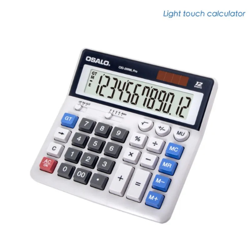 FanzyMarket solar-powered 12-digit ABS calculator in light grey, designed for office and student financial calculations.