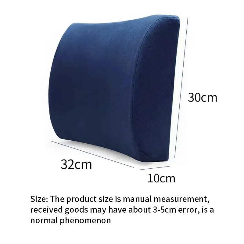 FanzyMarket blue memory foam lumbar support cushion for office, car, and student chairs with breathable removable cover.