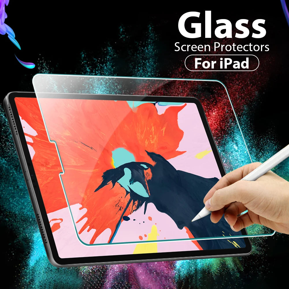 FanzyMarket tempered glass screen protector for iPad Pro 11, 12.9, 13-inch, iPad Air, and iPad Mini with anti-fingerprint, scratch-resistant coating.