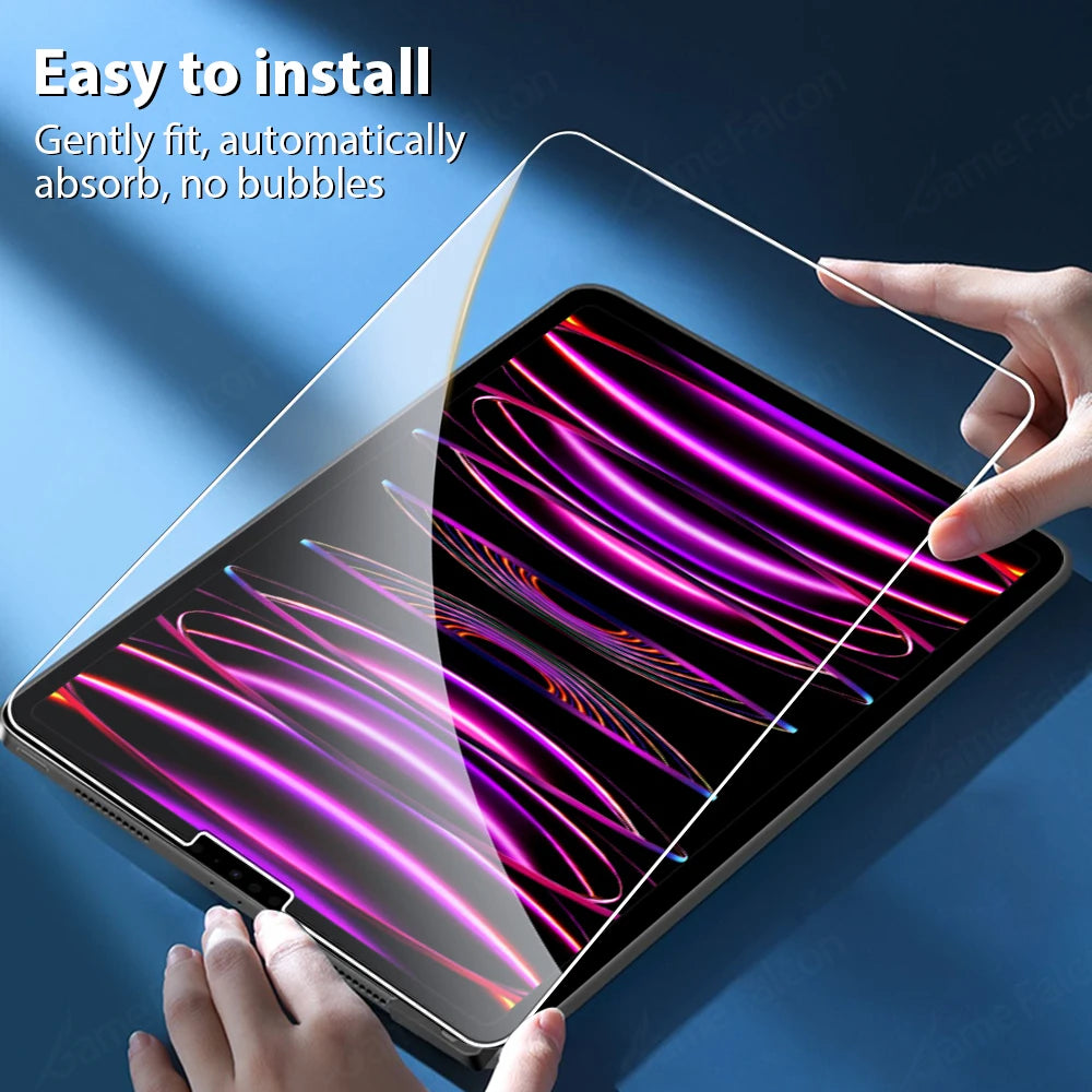 FanzyMarket tempered glass screen protector for iPad Pro, iPad Air, and iPad Mini, with anti-fingerprint and scratch-resistant features.