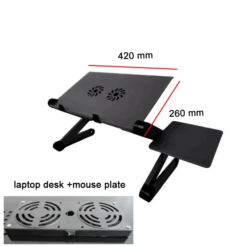 Adjustable aluminum laptop lapdesk with cooling fan and mouse pad for 11-15.6 inch laptops, designed for comfortable office and tech use.