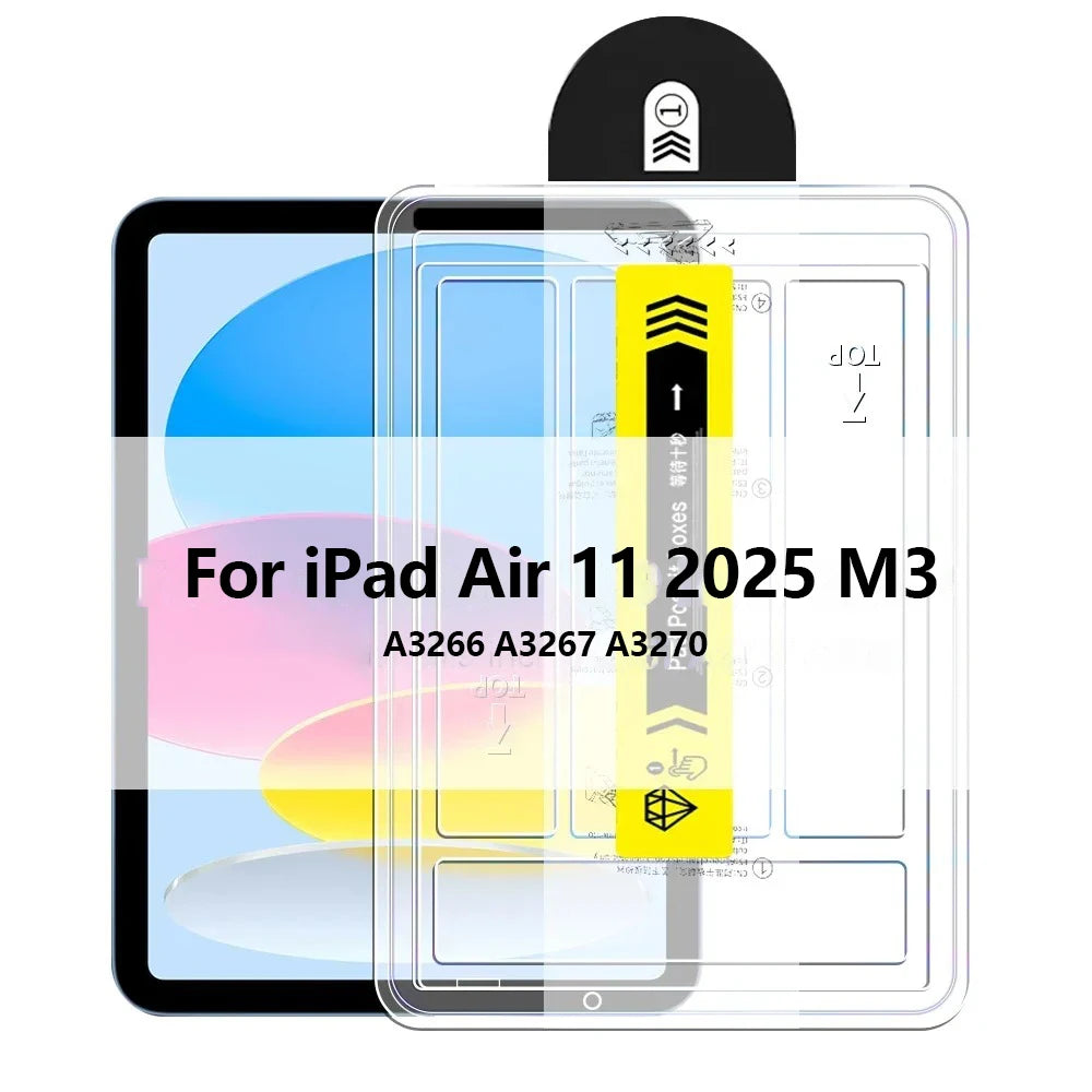 FanzyMarket tempered glass screen protector for iPad Pro 12.9, 11, iPad Air, and iPad Mini, showing a clear protective layer on tablet screen.