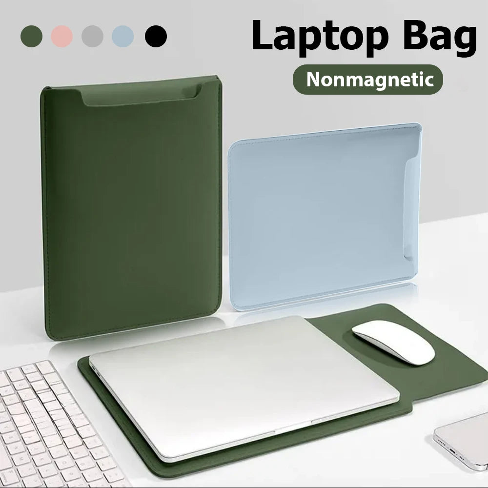 Green waterproof PU laptop sleeve for 11-16 inch laptops with a convertible mouse pad, designed for office and tech use.