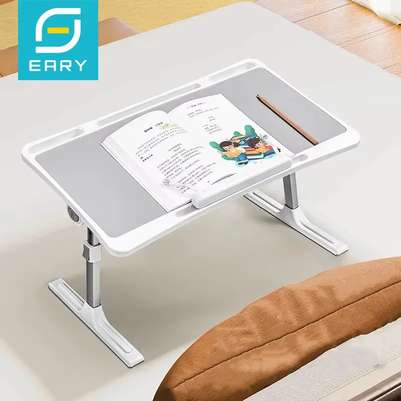 White portable mini laptop desk with clamp, compact design for work and study, ideal for bedside or on-the-go use.
