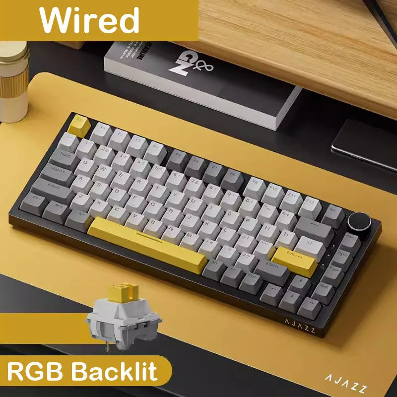 FanzyMarket 75% hot-swap mechanical gaming keyboard with RGB backlight, 82-key compact layout, tri-mode connectivity, purple design.