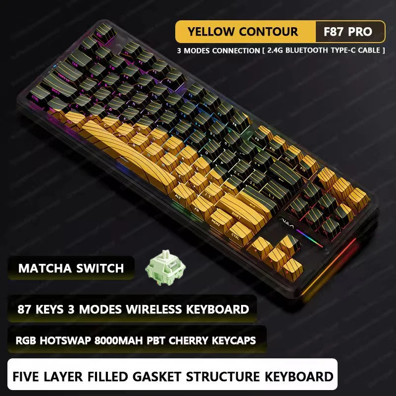 FanzyMarket 87-key tri-mode mechanical keyboard with RGB PBT keycaps, hot-swappable switches, dark storm black design, and 4000mAh battery.