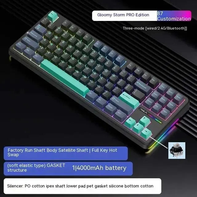 FanzyMarket 87-key tri-mode mechanical keyboard with RGB PBT keycaps, hot-swappable switches, gasket design, and 4000mAh battery.