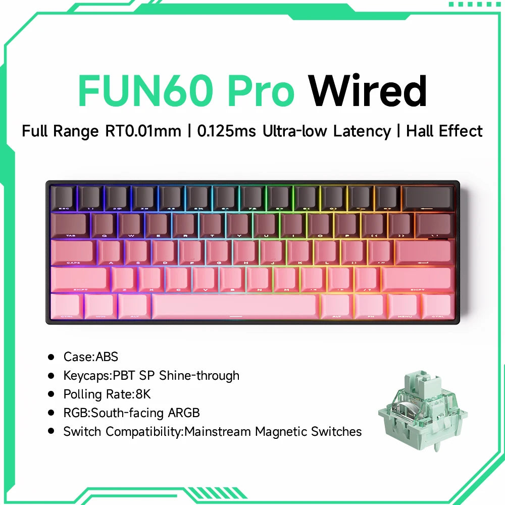 FanzyMarket 60% magnetic hot-swappable mechanical keyboard with ARGB lighting, PBT doubleshot keycaps, and tri-mode USB-C, Bluetooth 5.0, 2.4GHz.