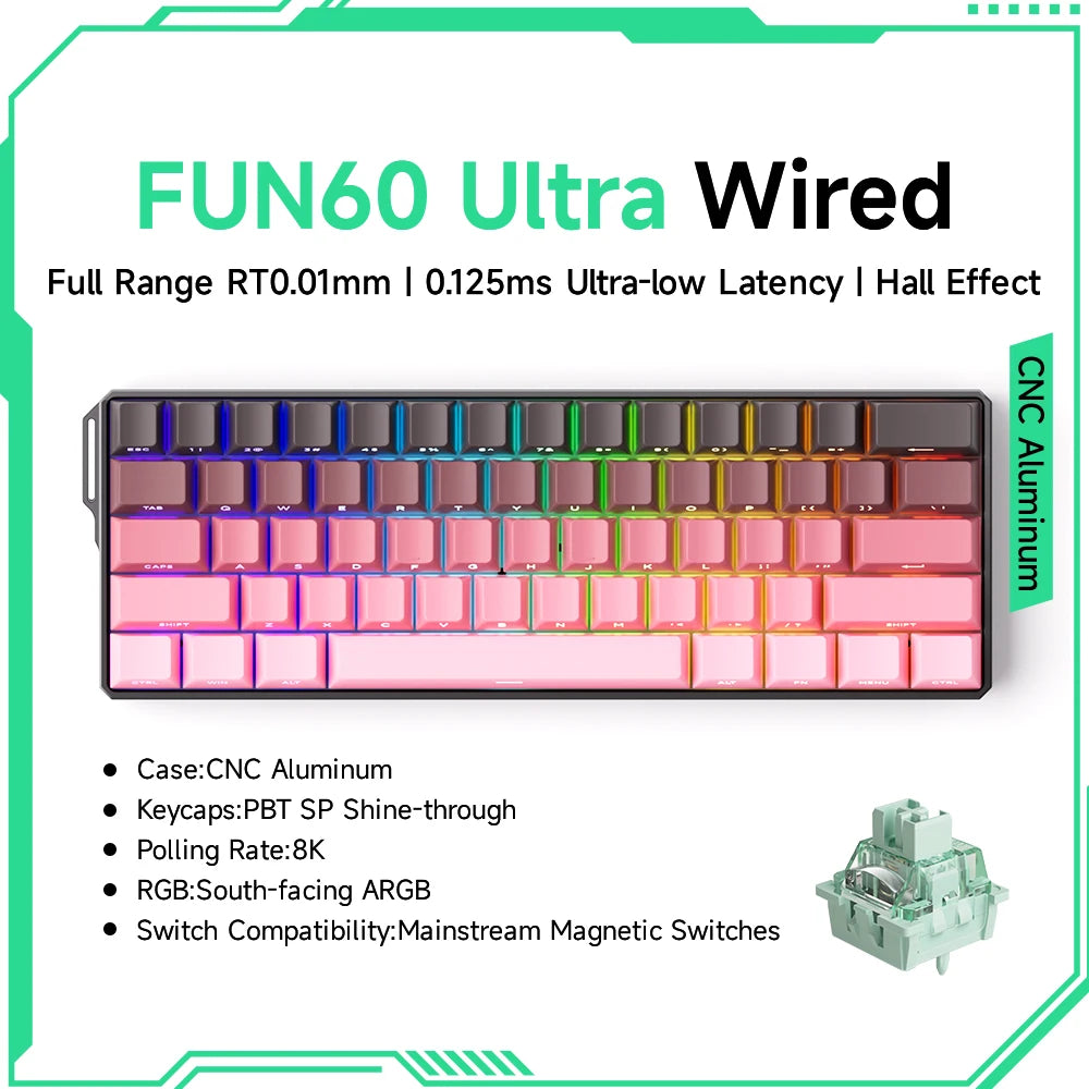 FanzyMarket 60% magnetic hot-swappable mechanical keyboard with ARGB lighting, PBT doubleshot keycaps, and tri-mode connectivity.