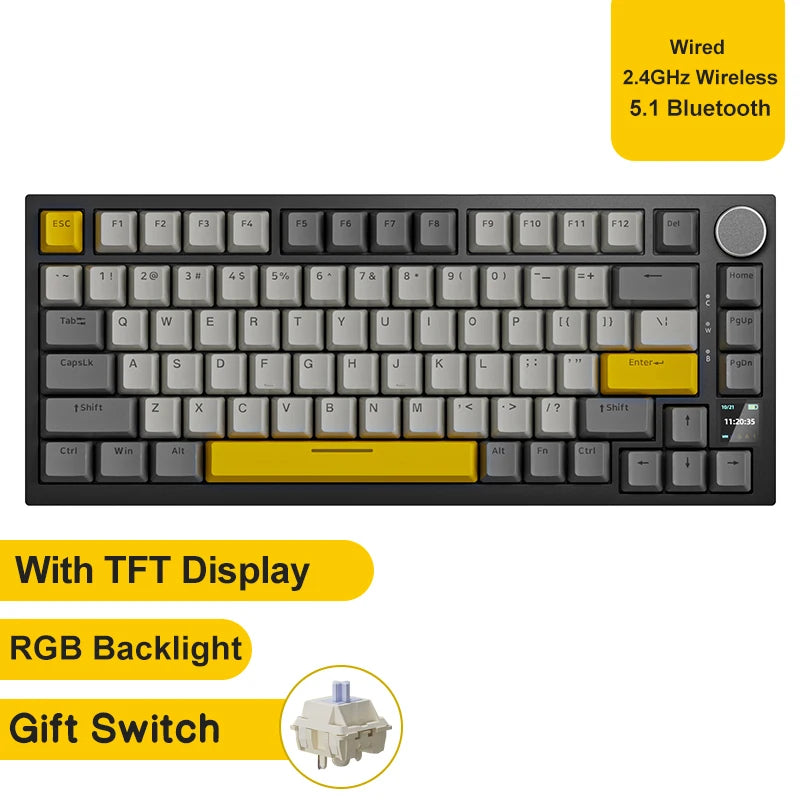 FanzyMarket 75% 82-key hot-swappable mechanical gaming keyboard with RGB, TFT screen, metal volume knob, tri-mode wired, Bluetooth, USB-C
