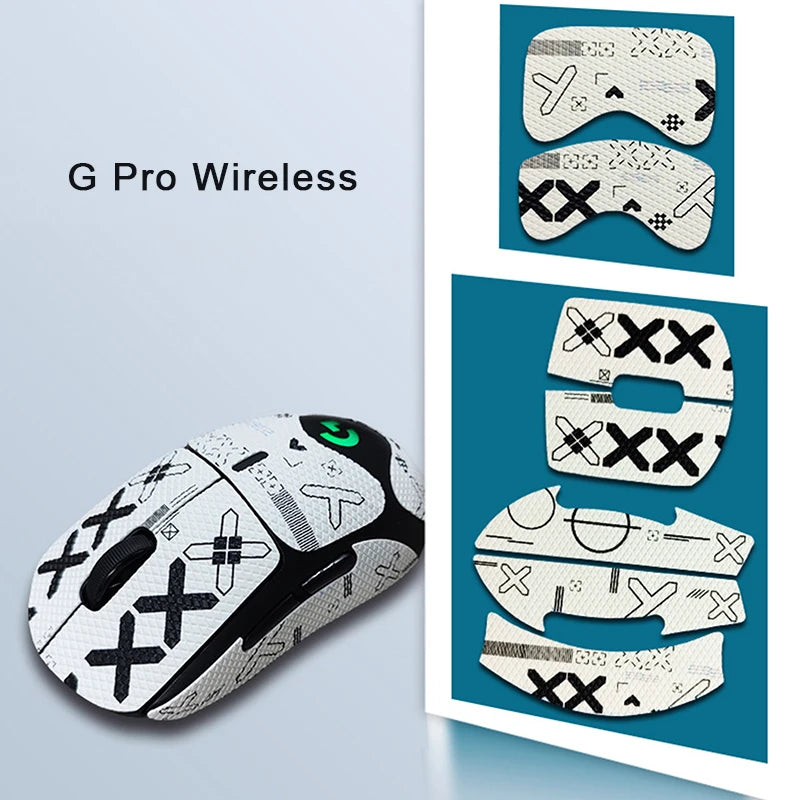 FanzyMarket anti-slip mouse grip tape on wireless gaming mouse, sweat-wicking, ultra-thin full-body skate sticker for enhanced grip.