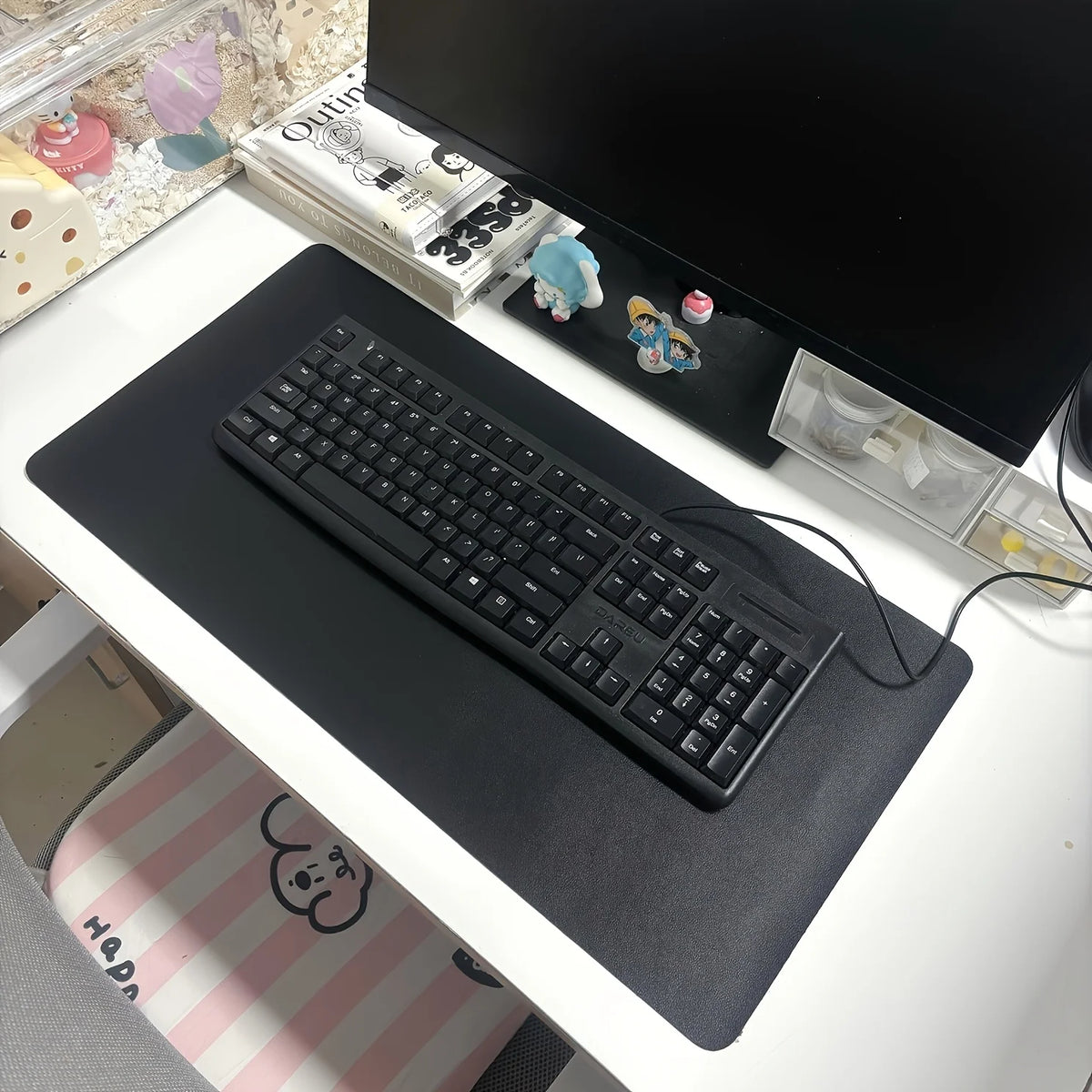 Large blue waterproof faux leather desk mat by FanzyMarket, non-slip surface, 60x30cm, protects keyboard and mouse on office desks.