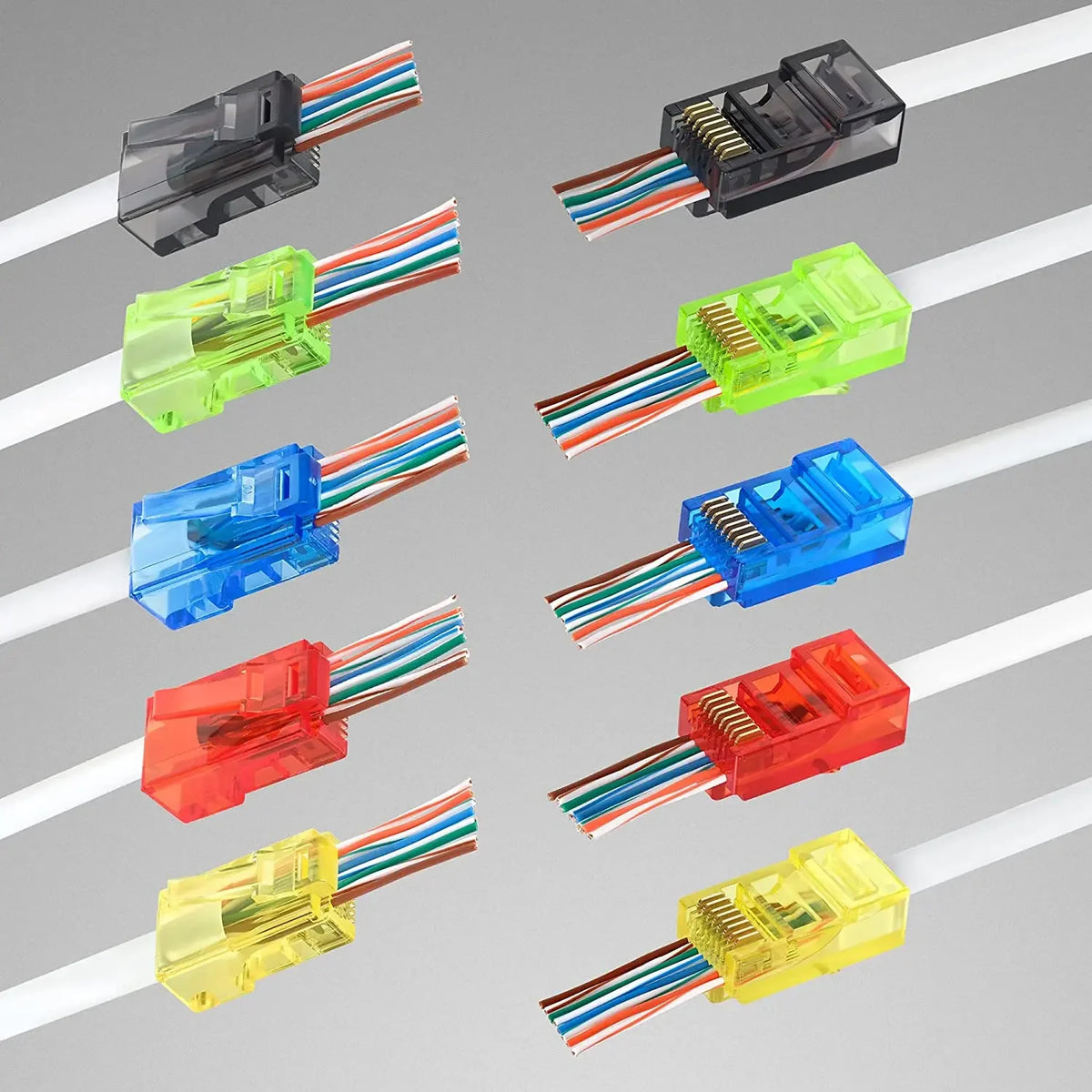 50-pack FanzyMarket RJ45 pass-through connectors for CAT5e UTP cables, assorted colors, suitable for solid and stranded Ethernet cables.