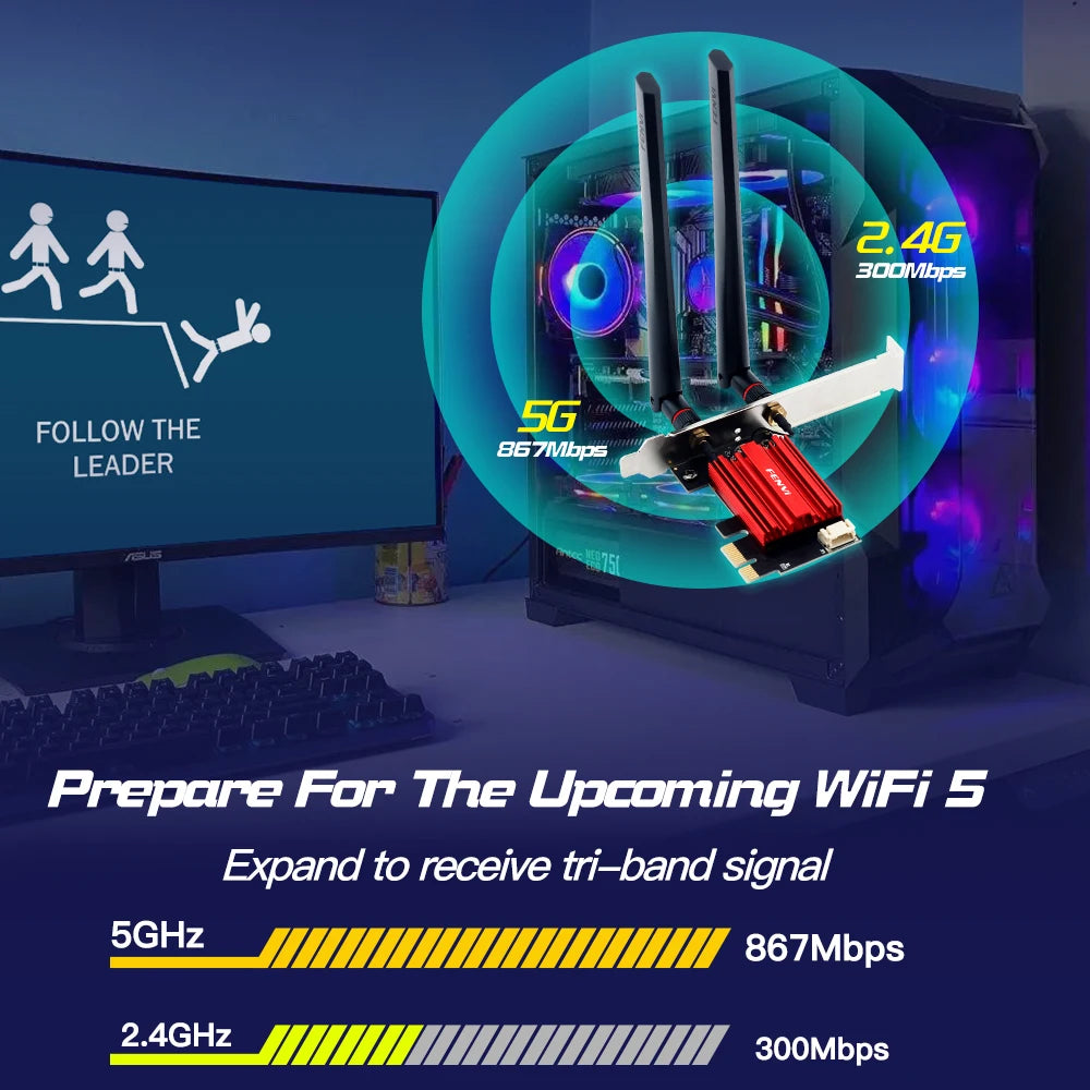 FanzyMarket AC1200 WiFi 5 PCIe adapter with dual-band 2.4/5GHz wireless network card and Bluetooth for desktop Windows PCs.
