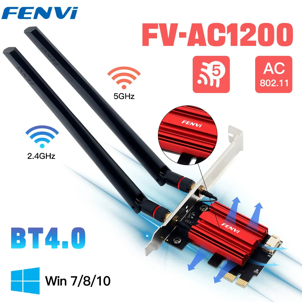 FanzyMarket AC1200 WiFi 5 PCIe adapter with dual-band 2.4GHz/5GHz wireless network card and Bluetooth for desktop Windows PCs.
