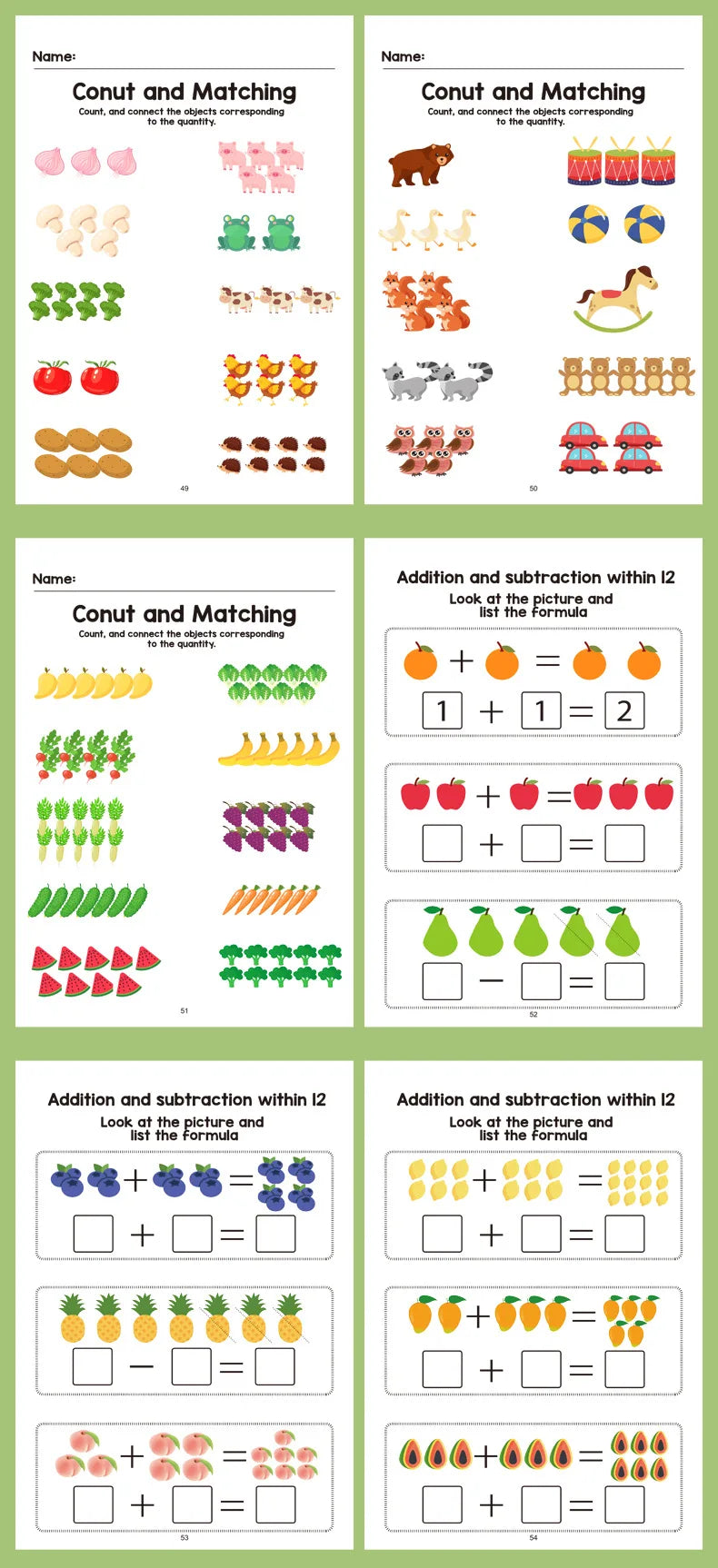 FanzyMarket interactive math workbook for preschool and 1st grade, featuring counting, addition, subtraction, and visual learning activities.