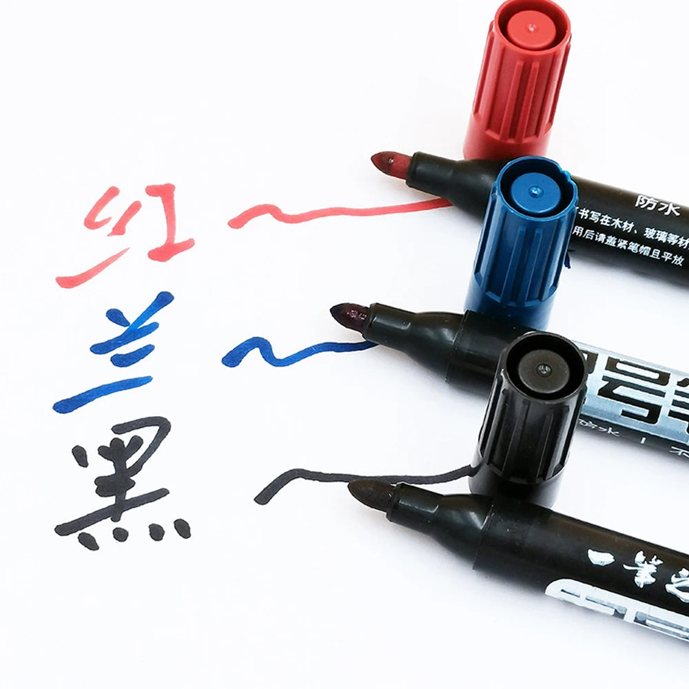Blue waterproof oil-based permanent marker pens by FanzyMarket, quick-dry ink for metal, glass, and paper, bulk pack of 50.