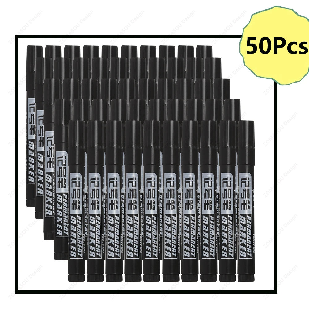 FanzyMarket waterproof oil-based permanent marker pens in blue, black, and red for metal, glass, and paper, quick-dry, bulk pack of 50.