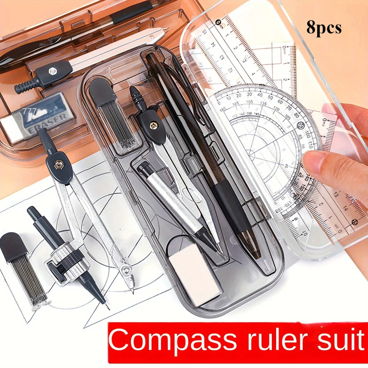 FanzyMarket 8-piece geometry drawing set includes compass, mechanical pencil, protractor, ruler, tripod, and storage case for school.