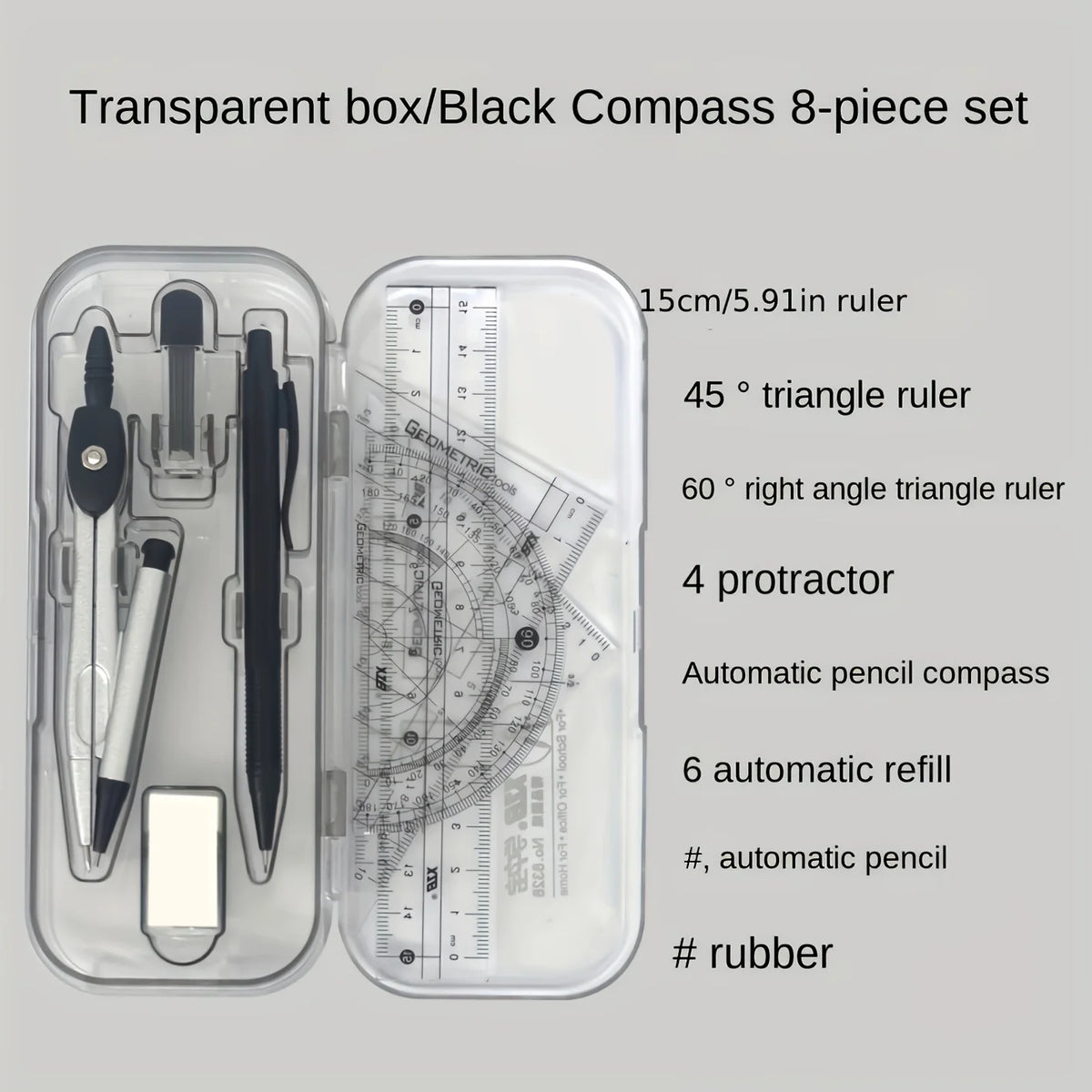 FanzyMarket 8-piece geometry drawing set includes compass, mechanical pencil, protractor, ruler, tripod, and storage case for school.