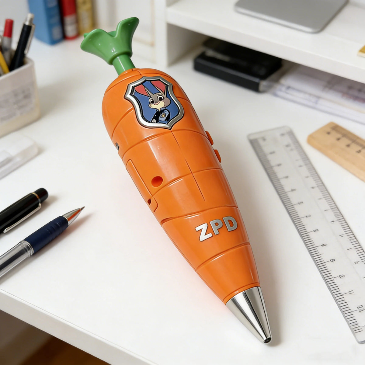 FanzyMarket Carrot Mini Recorder 2-in-1 gel pen for kids, bunny and fox character styles, 60s mini flute stationery in an open bag.