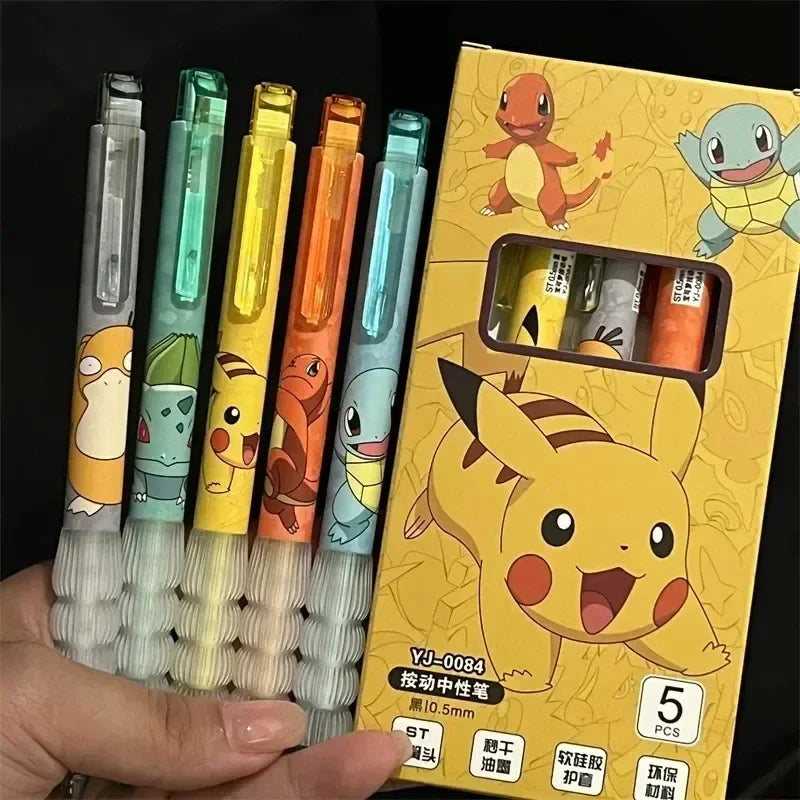 Five Pokémon gel pens featuring Pikachu, Squirtle, and Charmander in a colorful set for school, office, or gifts from FanzyMarket.