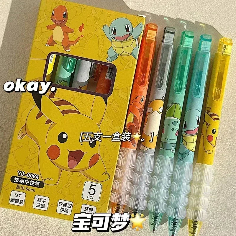 Five Pokémon gel pens featuring Pikachu, Squirtle, and Charmander in a set, ideal for school, office, and gift use.