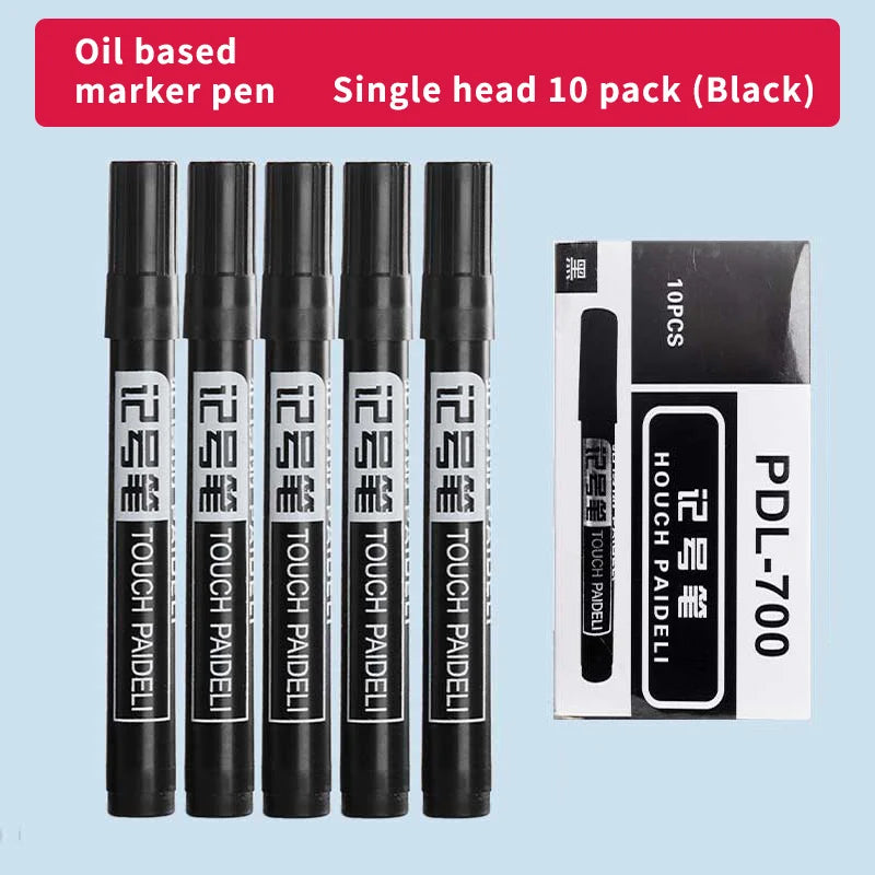 Ten large-tip black non-erasable permanent marker pens by FanzyMarket for labeling, notation, and craft projects.