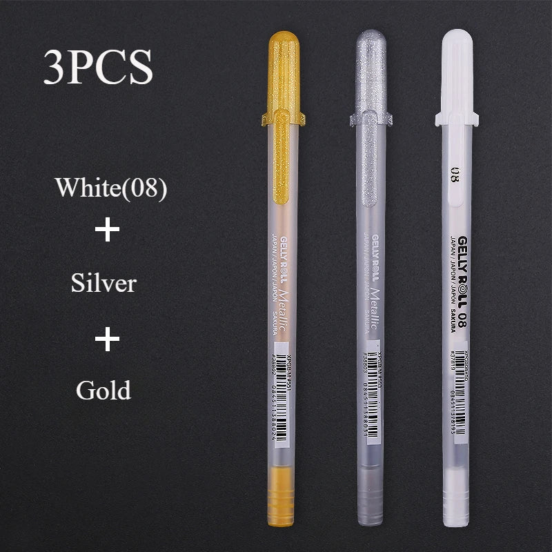 FanzyMarket white opaque gel pens 3-pack with fine 0.5mm, medium 0.8mm, and bold 1.0mm tips for journaling, art, and drawing.