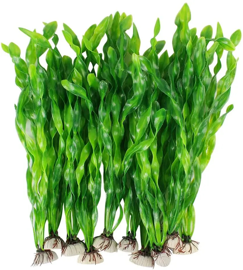 Colorful artificial aquarium plants by FanzyMarket, 10-pack of plastic seaweed decorations in assorted heights for fish tanks.