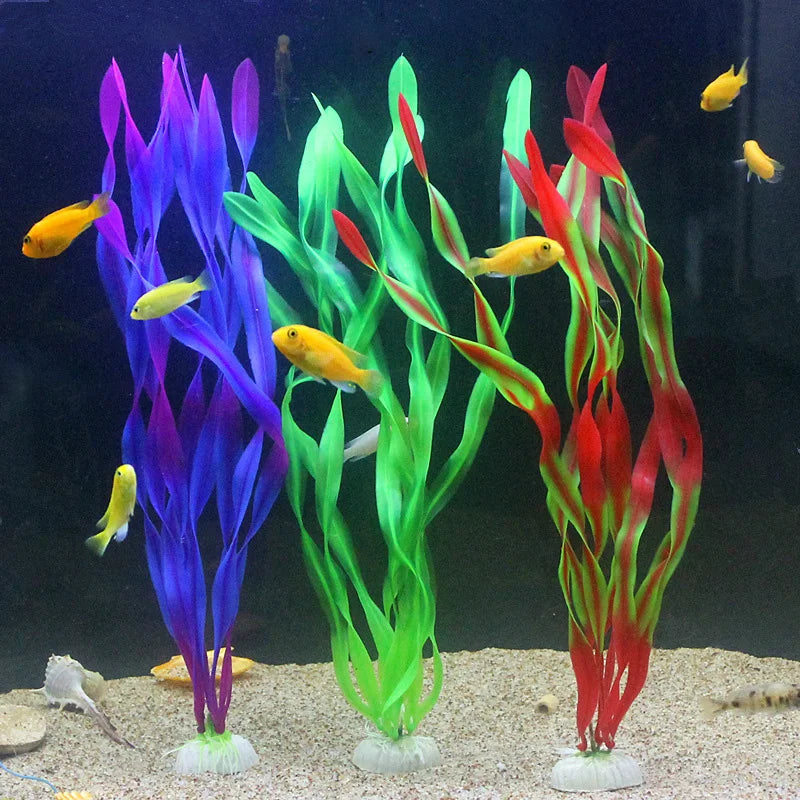 Colorful artificial aquarium plants by FanzyMarket, plastic seaweed decorations in assorted heights for fish tanks.